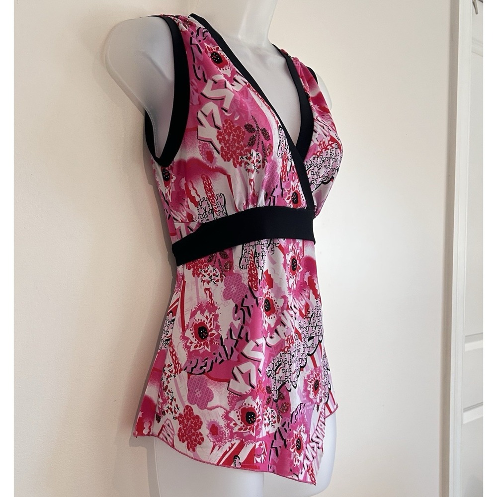 Y2K Vtg Sleeveless Babydoll Blouse Colorful Floral Asymmetric Hem Tie Back Pink